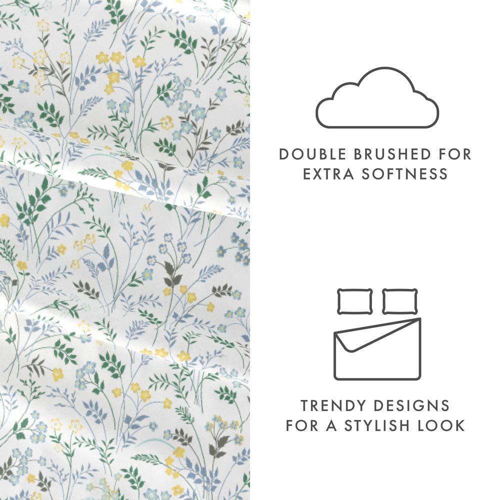 Light Blue Floral Microfiber Full Sheet Set with Deep Pockets