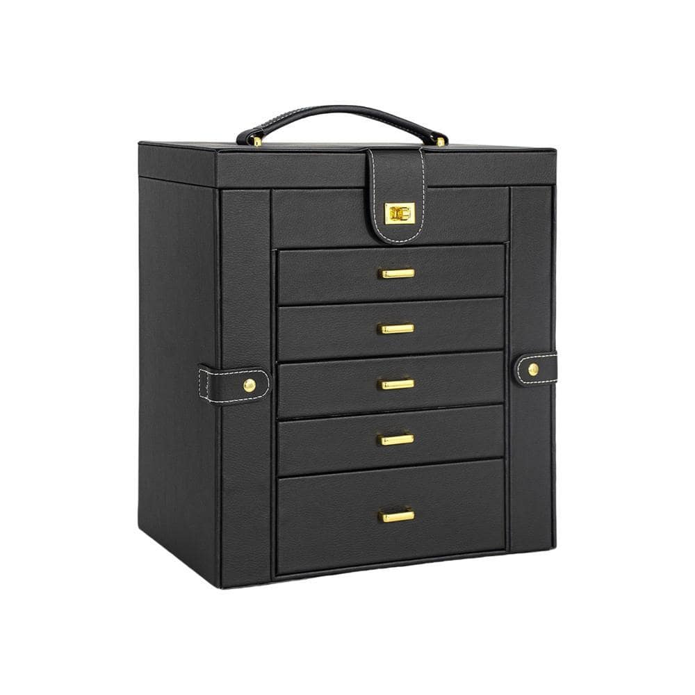Black Huge Leather Jewelry Box Organizer Functional Lockable with