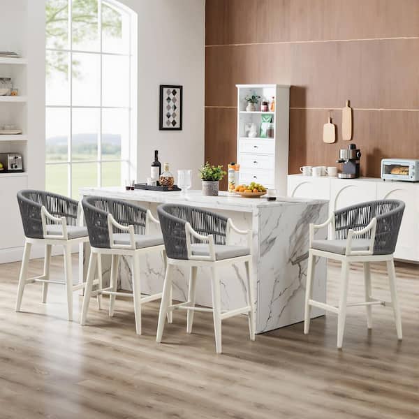 Modern Patio Wicker Metal Outdoor Bar Stool with Cushion, Backs and Ergonomic Armrest Balcony Garden Kitchen(4-Pack)