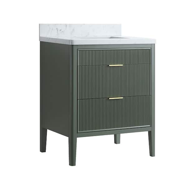 30 in. W Single Sink Solid Wood Bath Vanity in Vintage Green with White Engineered Marble Top, Soft-Close