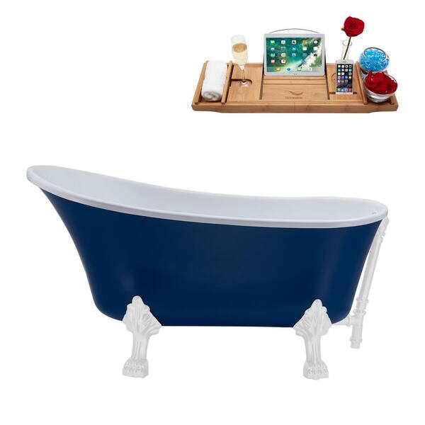 Streamline 55 in. Acrylic Clawfoot Non-Whirlpool Bathtub in Matte Dark Blue With Glossy White Clawfeet And Glossy White Drain