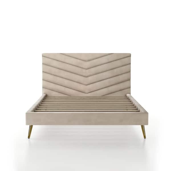 Stateridge Beige Polyester Queen Platform Bed with Chevron Padded Headboard