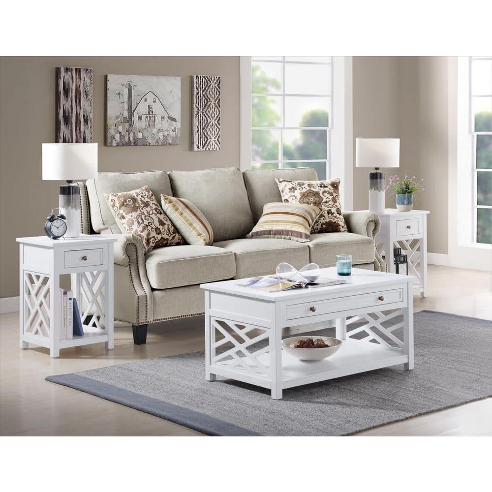 Coventry 36" White Pine Coffee and End Tables Set with Drawers