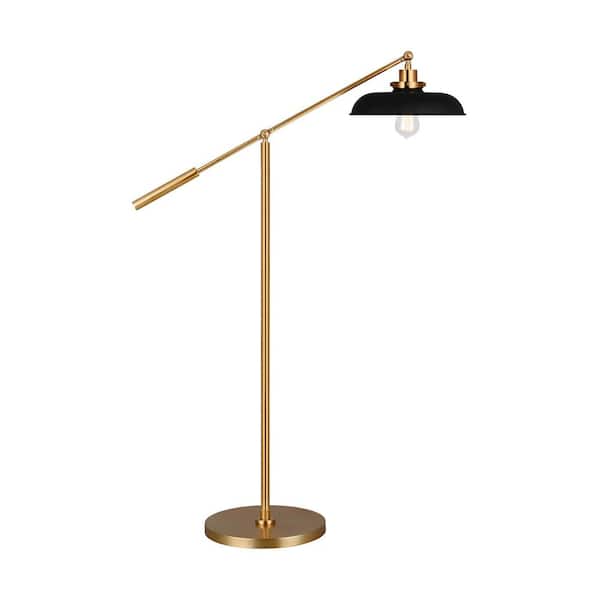 Generation Lighting Wellfleet 30.75 in. W x 46 in. H 1-Light Midnight Black/Burnished Brass Dimmable Standard Floor Lamp with Steel Shade