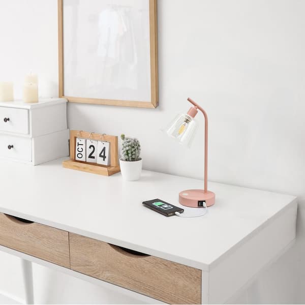 15.75 in Blush Pink Rechargeable Integrated LED No Design Task & Reading Table Lamp for Living Room with Clear Glass
