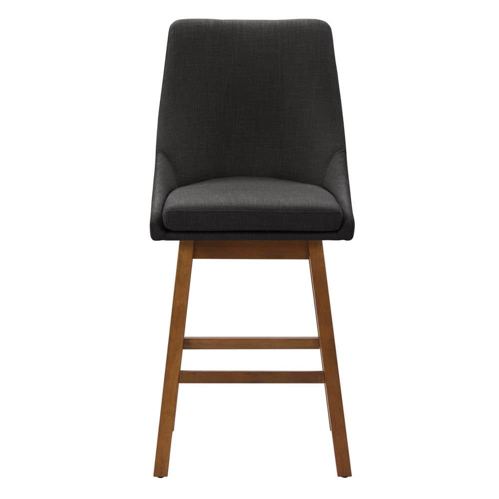 Luca Dark Gray Fabric Upholstered Counter Bar Stools with Brown Wood Legs - Set of 2