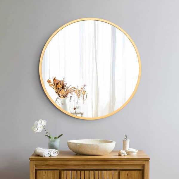 Cesicia 32 in. W x 32 in. H Round Framed Wall Mount Bathroom Vanity Mirror in Gold