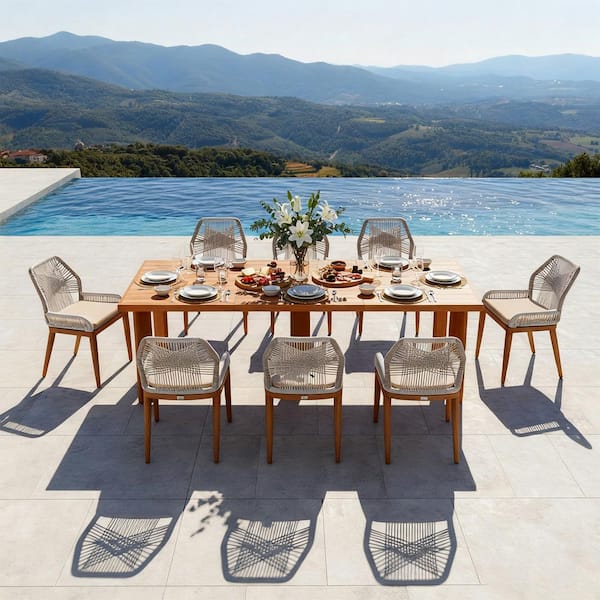 9-Piece Aluminum Outdoor Dining Set Teak Patio Furniture Set Wicker Table and Chairs with Cushions