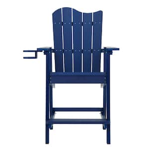 Navy Blue Plastic Adirondack Outdoor Bar Stool with Cup Holder Weather Resistant Wave Design Bar Chair