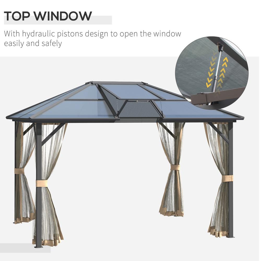 Gray Aluminum Frame Hardtop Gazebo with Polycarbonate Roof and Netting