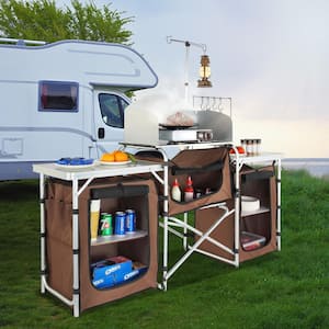 Camping Kitchen Table with Storage Carrying Bag Folding Outdoor Cooking Table with Detachable Windscreen, Brown