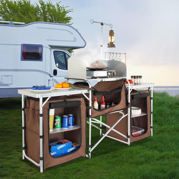 Camping Kitchen Table with Storage Carrying Bag Folding Outdoor Cooking Table with Detachable Windscreen, Brown