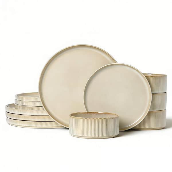 12-Piece Beige Porcelain Dinnerware Sets Service for 4, Chip & Scratch Resistant, Microwave & Dishwasher Safe Tableware