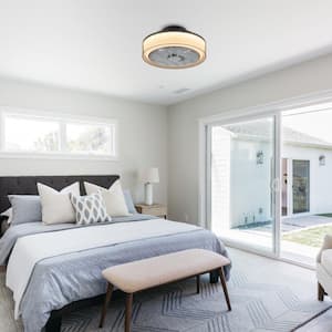 16 in. Gray Small Low Profile Ceiling Fan with Light LED Flush Mount Bedroom Ceiling Fan with Remote
