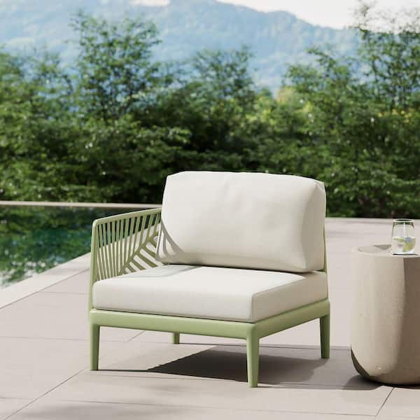 Frond and Form Outdoor Patio Deep Seating Green Poly Plastic All Weather Left Arm Club Chair with Ivory Cushions