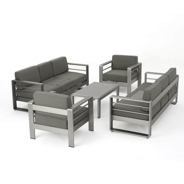 Noble House Cape Coral Sliver 5-Piece Aluminum Outdoor Patio Conversation Set with Khaki Cushions