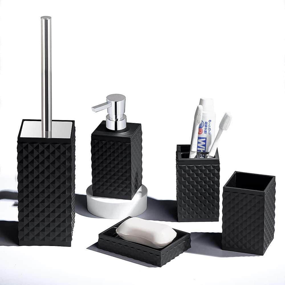 AUREVOIR Bathroom Accessories Set Bathroom Vanity Accessory Set of 6pcs  with Toothbrush Holder Tumbler Soap Dispenser Soap Dish Toilet Brush Set  Elegant Modern Bathroom Decor and Gift Set(Black) 