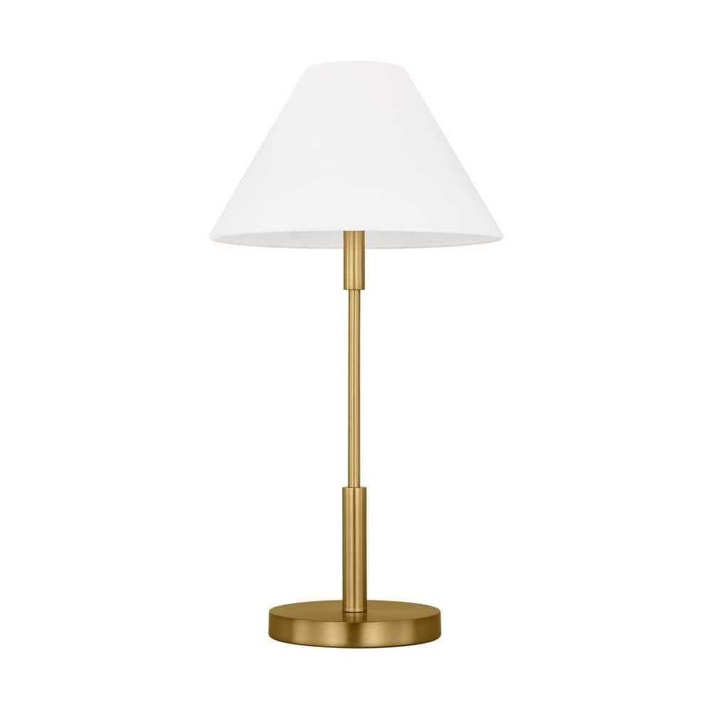 Satin Brass Medium Table Lamp with White Linen Shade
