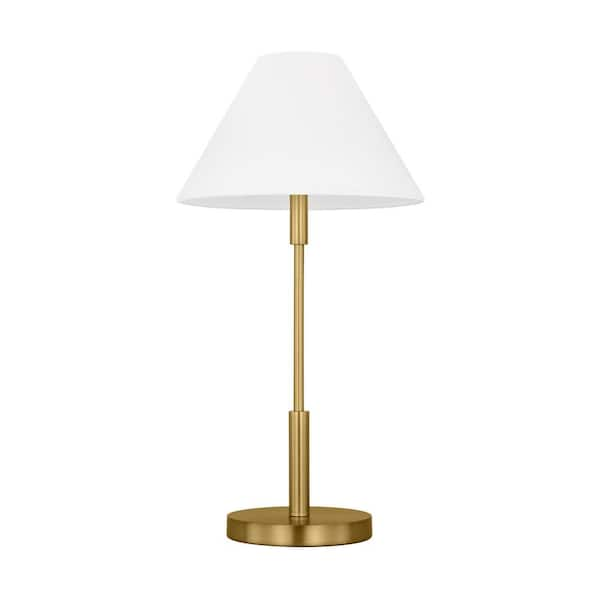 Porteau 23 in. Satin Brass Medium Table Lamp with White Linen Fabric Shade