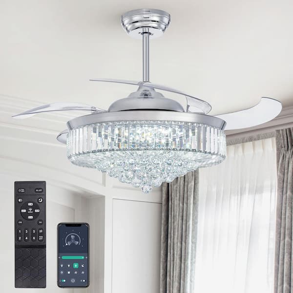 52 in. Smart Indoor Silver Retractable Blades Chandelier Ceiling Fan with Dimmable LED Lights with Remote Included