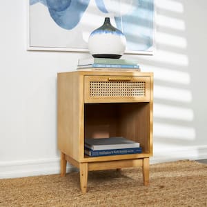 18 in. Light Brown 1-Drawer and 1-Shelf Large Rectangle Wood End Table with Cane Front Drawer and Gold Handle