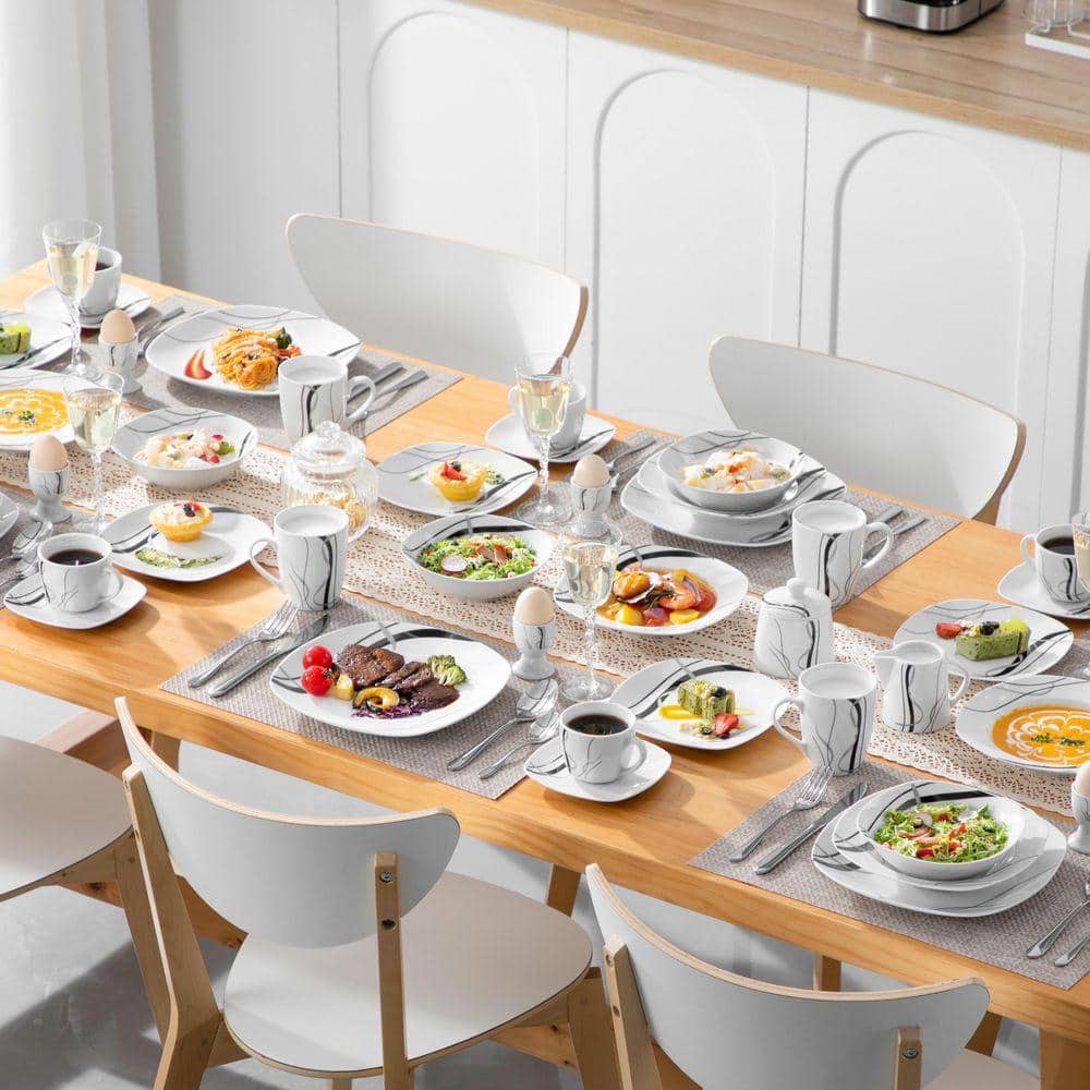 Tableware Full Set VEWEET 50-Piece White Porcelain Dinnerware Set Service for 6 Tableware ...
