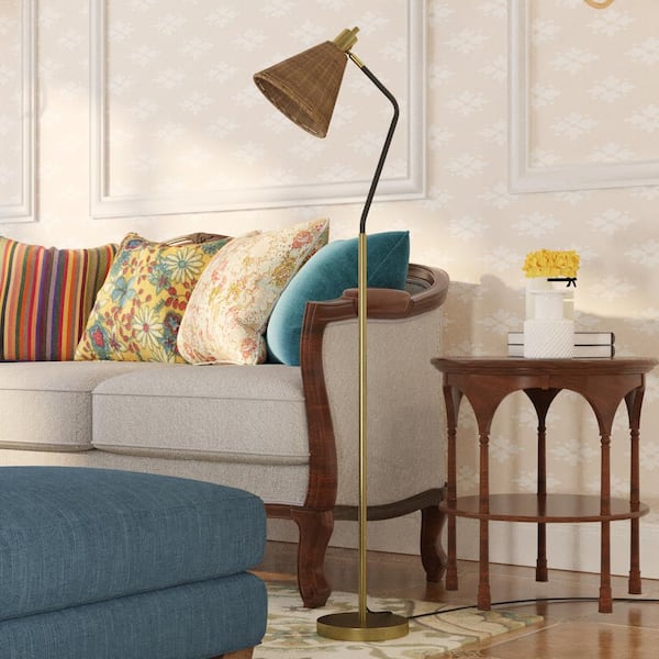 Heideman 62 in Black/Bronze Indoor Floor Lamp with Rattan Lampshade Lamp Head Knob Switch