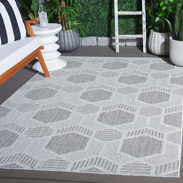 Global 9 ft. x 12 ft. Gray/Ivory High-Low Hexagon Indoor/Outdoor Area Rug