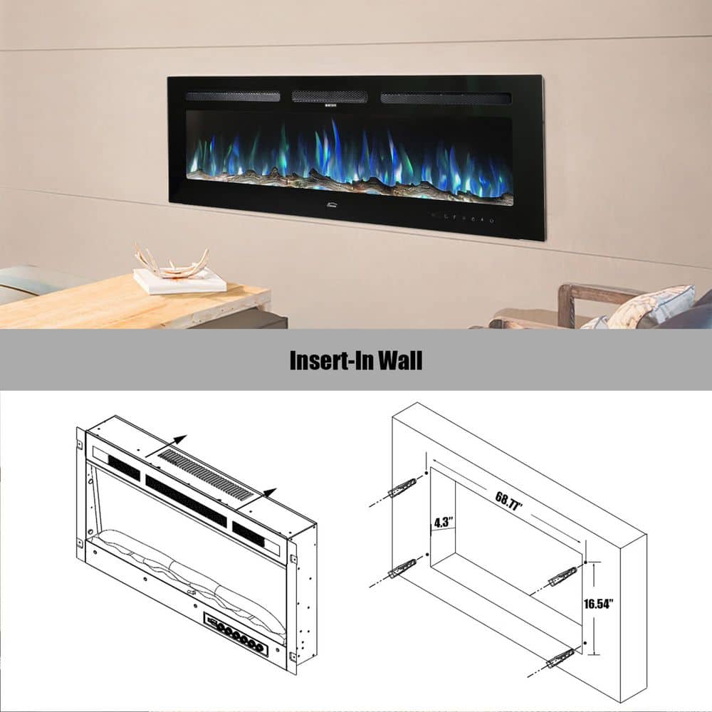 Corretto 72" Black Wall Mounted Electric Fireplace with Mantel