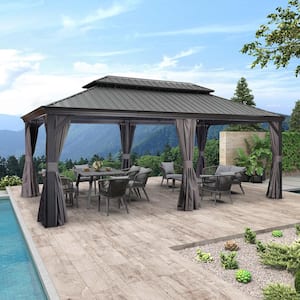 12 ft. x 20 ft.Gray Patio Outdoor Gazebo for Backyard Hardtop Aluminum Frame with Netting ,Hooks ,Upgrade Curtain