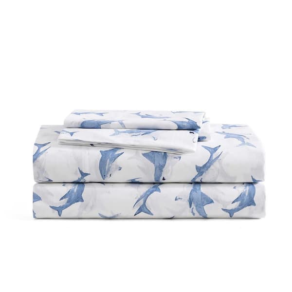 Shark Attack 4-Piece Blue Cotton Queen Sheet Set