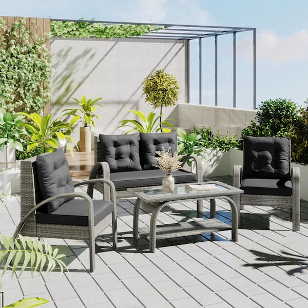 waelph 4-Piece Gray Wicker Patio Conversation Set with Gray Cushions Tempered Glass Storage Tea Table