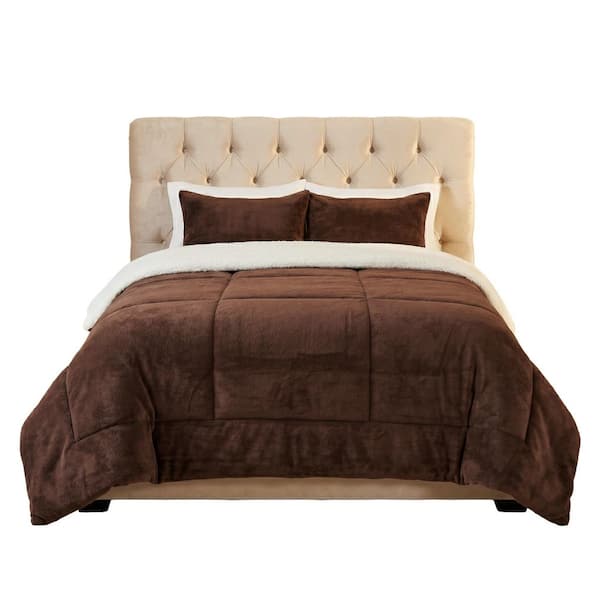 3-Piece Chocolate King Size Sherpa Fleece Comforter Set