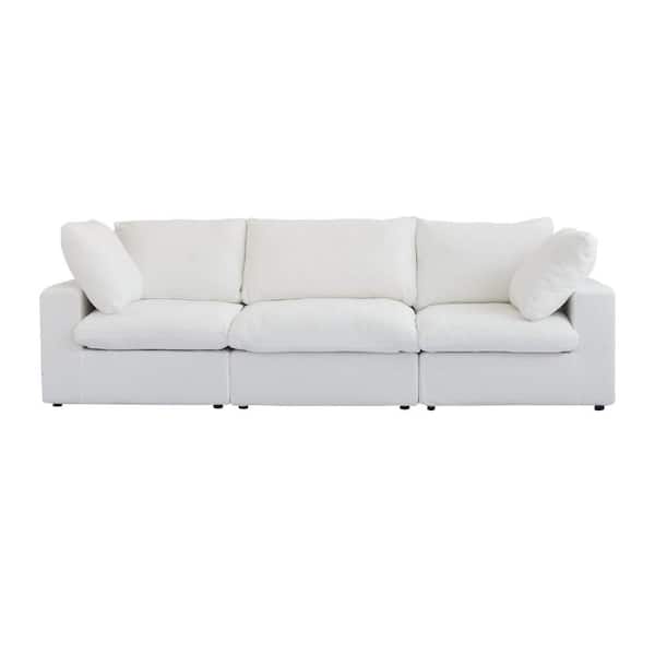 J&E Home 120.2 in. Square Arm Linen Rectangle Free Combination Sofa Couch with Removable Cover in. White