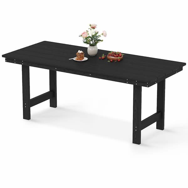 Outdoor Dining Table for 4-6 Person, HDPE Rectangular Patio Table with Umbrella Hole, Weather Resistant Table for Lawn