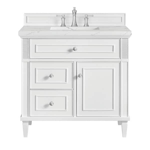 James Martin Vanities Lorelai 36.0 in. W x 23.5 in. D x 34.06 in. H Single Sink Bath Vanity in Bright White with Ethereal Noctis Quartz Top