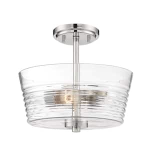Ingo 12 in. 2-Light Polished Nickel Ceiling Light Semi Flush Mount with Clear Ribbed Glass Shade