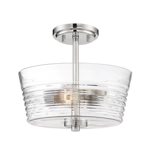 Designers Fountain Ingo 12 in. 2-Light Polished Nickel Ceiling Light Semi Flush Mount with Clear Ribbed Glass Shade