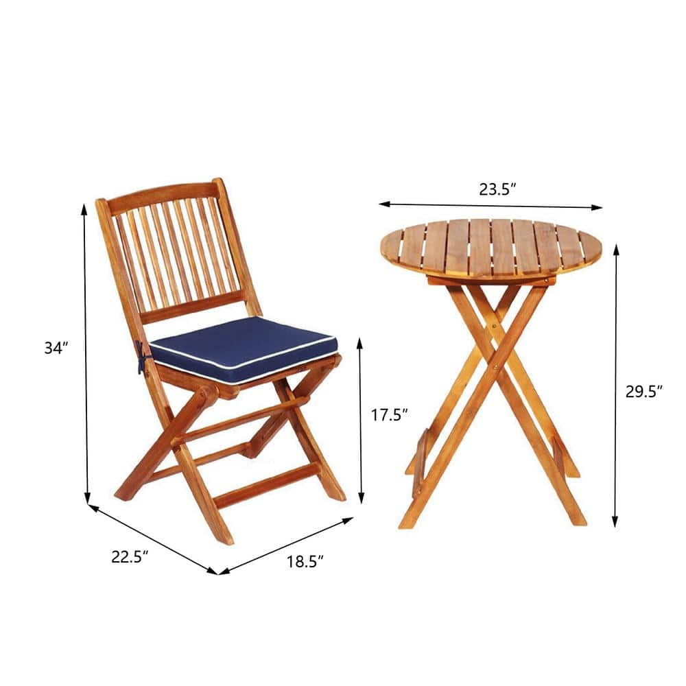 3-Piece Folding Acacia Wood Patio Bistro Set with Navy Cushions