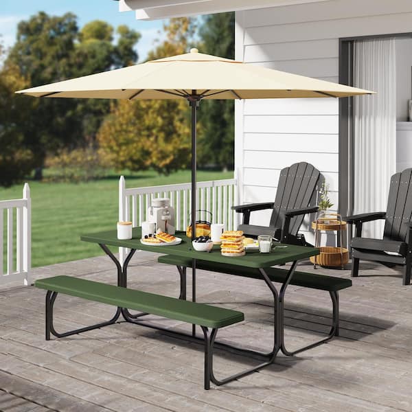 DEXTRUS 6ft. Green Heavy Duty Outdoor Picnic Table and Bench Resin Tabletop and Stable Steel Frame with Umbrella Hole