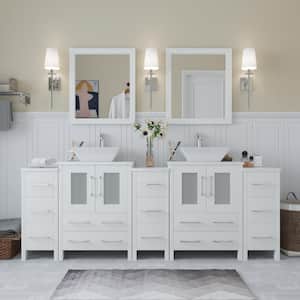 Ravenna 84 in. W Bathroom Vanity in White with Double Basin in White Engineered Marble Top and Mirrors