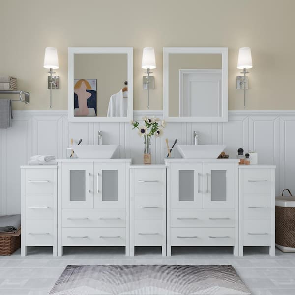 Ravenna 84 in. W Bathroom Vanity in White with Double Basin in White Engineered Marble Top and Mirrors