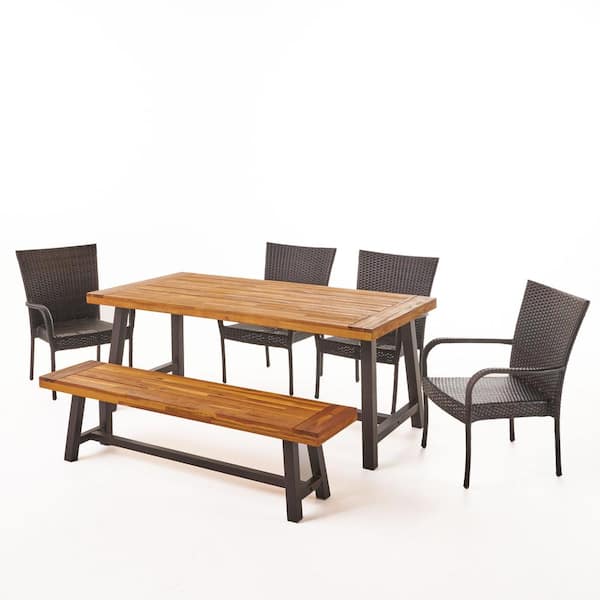 Noble House Elisa 6 Piece Wood And Wicker Outdoor Dining Set With Stacking Chairs Bench 22973 The Home Depot - Outdoor Patio Dining Set With Bench