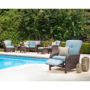 Strathmere All-Weather Wicker Reclining Patio Lounge Chair with Ocean Blue Cushion