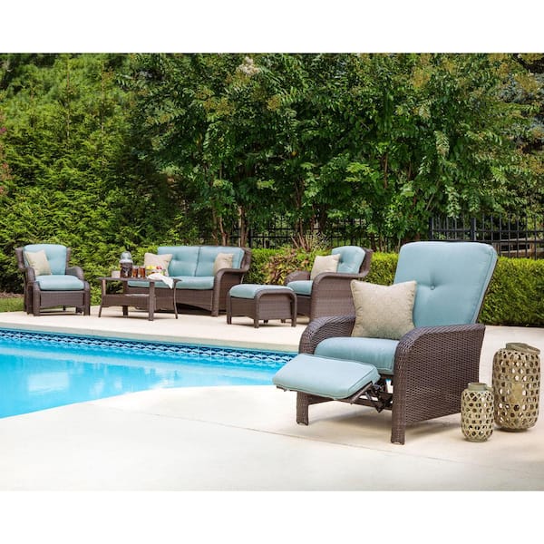 Hanover Strathmere All-Weather Wicker Reclining Patio Lounge Chair with Ocean Blue Cushion