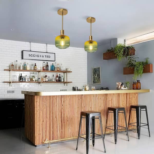 6 in. 1-Light Brass Pendant Light with Green Gradient Glass Shade