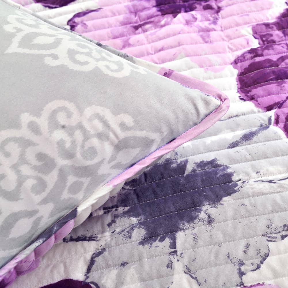 Full Gray and Purple Reversible Microfiber Floral Quilt Set