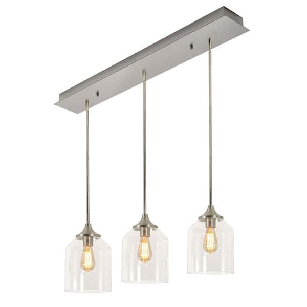 William 3-Light Satin Nickel Shaded Pendant Light with Clear Glass Shade