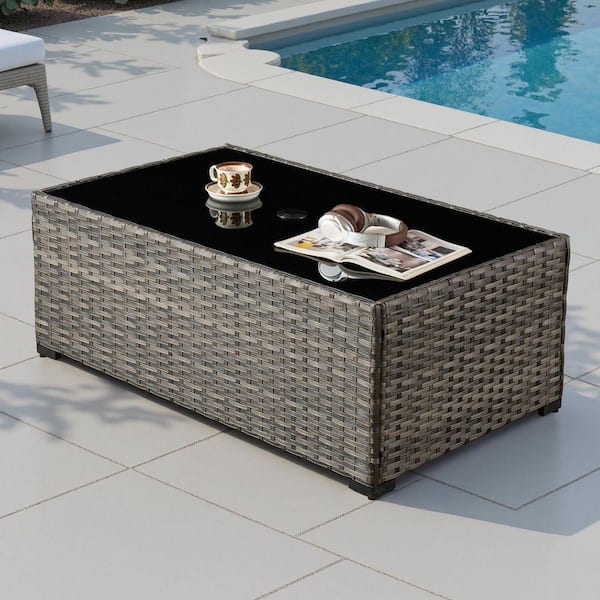 OculusG Rectangle Wicker Outdoor Patio Coffee Table with Tempered-Glass Top and Umbrella Hole