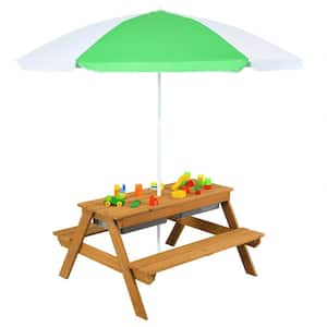 Rectangle Wood Outdoor Picnic Table with Umbrella Play Boxes